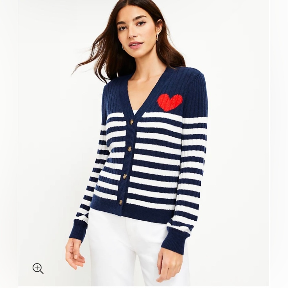 LOFT NWT‎ Heart Puff Sleeve Striped V-Neck Cardigan